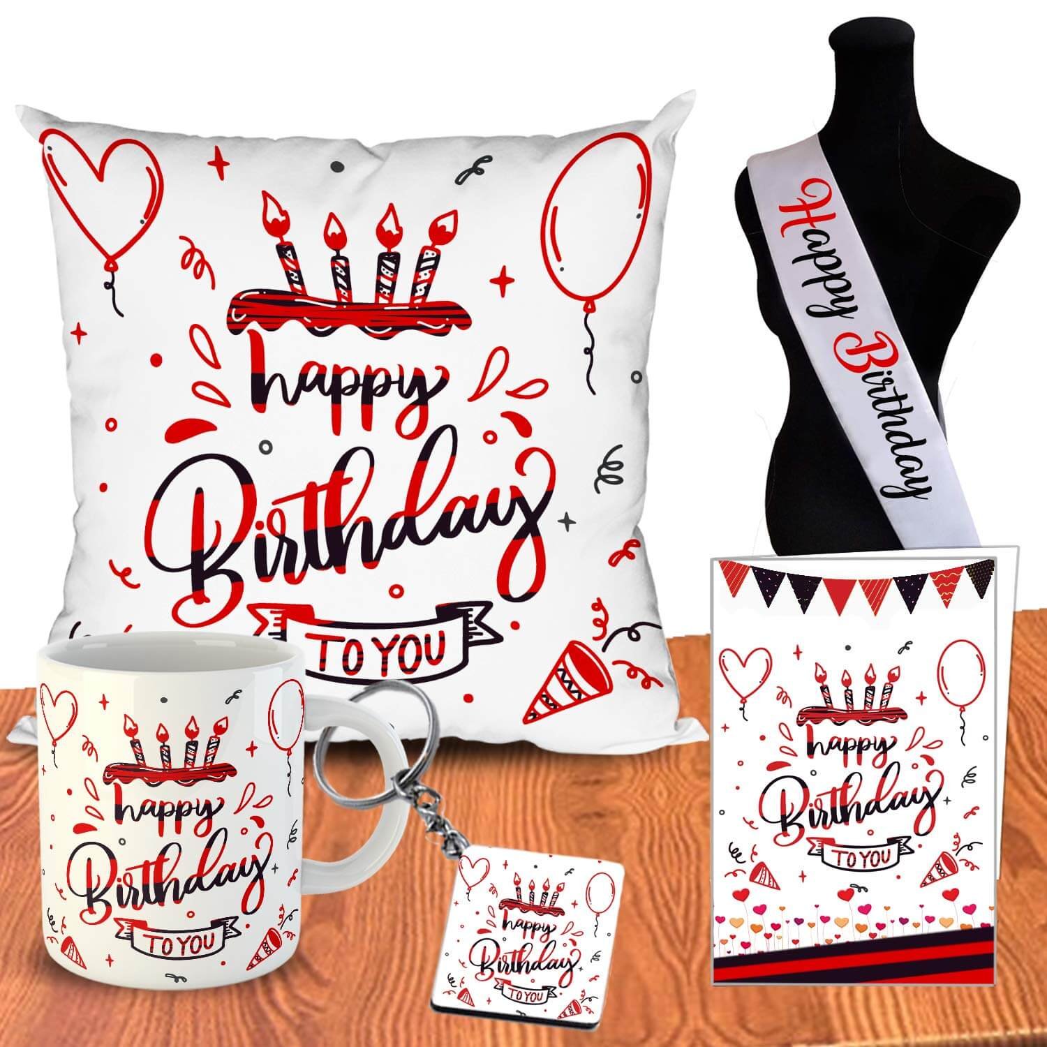 ODDCLICK Micro Fibre Cushion Cover with Filler, Mug, Keychain, Greeting Card, Birthday Sash Set, 12x12 Inch, 5 Pieces, Polycotton